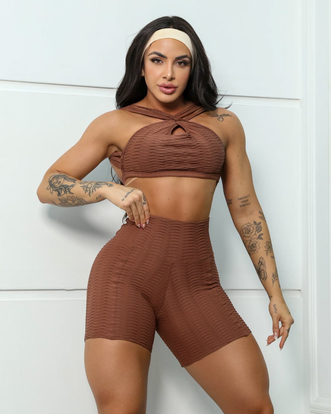 SET CORTO CRUZADO ACESS MARRÓN (fruncido)