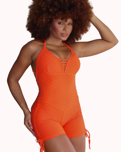 MONO CORTO TIRAS BROCADO NARANJA (fruncido)